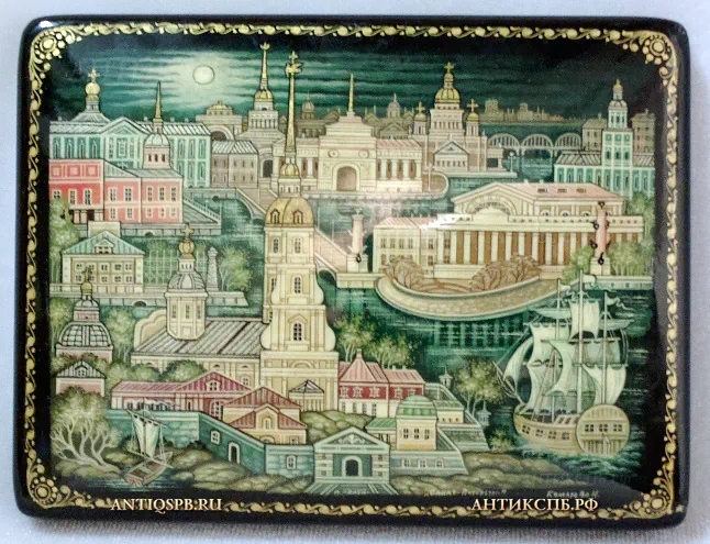 Крышка от шкатулки с лаковой миниатюрой "Санкт-Петербург". П. Холуй. Роспись: Комарова Н. СССР. Сер. ХХ века. №21115